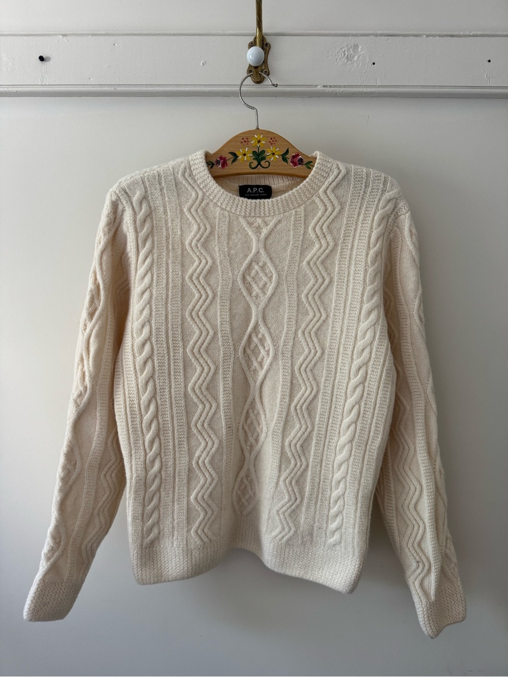 100% Wool - A.P.C. Cream Cable-Knit Crewneck Sweater